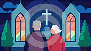 An older couple standing in front of a church building looking at the stained glass windows as they reminisce about photo