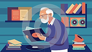 An older gentleman carefully flips through records pausing every now and then to share a story from his youth about a photo