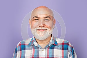 Older grandfather, grandpa pensioner, retiree concept. Portrait of senior man in studio. Grey hair senior model. Old