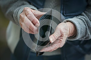 Older hands holding textured empty wallet, highlighting wrinkles and aged veins
