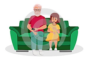 The older man is a grandfather with a granddaughter sitting on the couch. Elderly people are cartoon characters. Old age