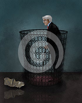 An older man with grey hair and a cane is seen inside a wastebasket in this illustration about the regard for older workers and