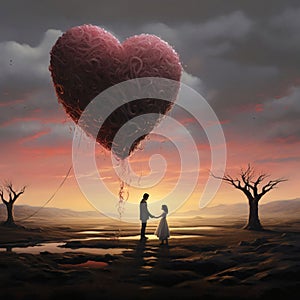 An older man or having a young girl around an empty clearing dry trees in the sky a heart. Valentine's Day as a day symb