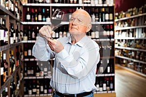 Older man inspecting quality of red wine in wine store in search of perfect wine for solemn occasion