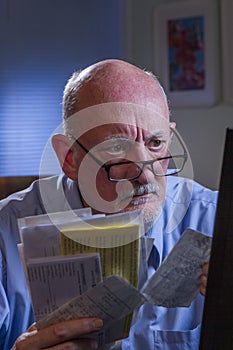 Older man looks worried and upset as he pays bills online, vertical