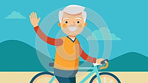 An older man smiling and waving as he speeds by on his electric bike keeping up with the rest of the cycling club with photo