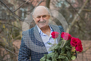 Older men with bouquet of roses, lifestyle of old men