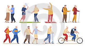 Older people active sports recreation set vector illustration elderly man and woman dancing, running