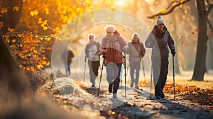 Older people doing Nordic walking exercises in Autumn forest at morning sun lighting AI generated