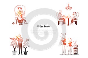 Older people - elderly people knitting, drinking tea, playing violin and making exercises with grandchildren vector concept set