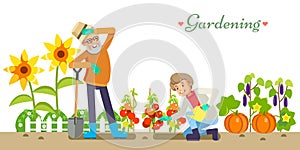 Older people life style vector flat illustration gardening and pleasure enjoyment. Grandpa and Granny in the garden