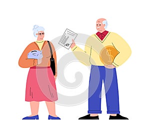 Older people receive pension fund money, flat vector illustration isolated.