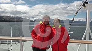 Older people travel. People over the age of 60 exploring the world. Old married couple traveling on a cruise ship. Happy