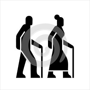 Older people on a walk sign, icons silhouettes of a man and a woman aged with a cane, senior adult symbol, elderly couple