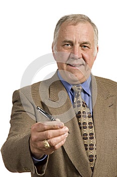 Older salesman with pen