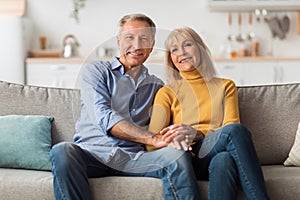 Older Spouses Holding Hands Sitting On Sofa Posing At Home