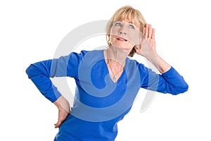 Older woman hearing isolated on white background