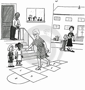 Older woman skips playing hopscotch with kids