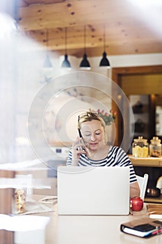 Older woman working from homeoffice, typing on laptop, making phone calls. The retiree earning extra money during