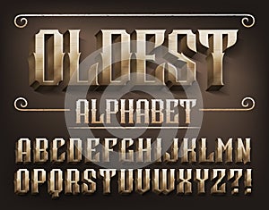 Oldest alphabet font. 3D metal ancient letters.
