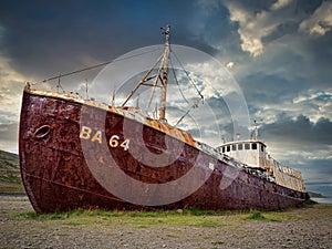 Oldest steel ship in Iceland the Gardar BA 64 on a beach in the Westfjords