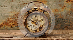 Oldfashioned alarm clock with a rustic patina stands on a wooden tabletop, evoking nostalgia