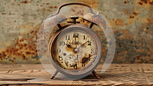 Oldfashioned alarm clock with a rustic patina stands on a wooden tabletop, evoking nostalgia photo