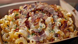 An oldfashioned chuckwagonstyle food truck dishing out hearty portions of mac and cheese loaded with bacon green chilies photo