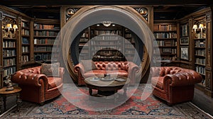 An oldfashioned spinning bookcase stands in front of a secret room ready to be turned and reveal the hidden space beyond photo