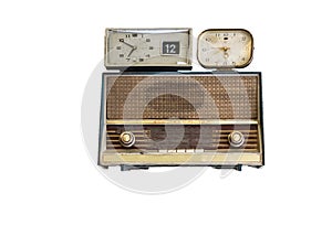 Oldie radios and clock on white background