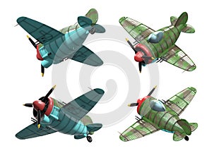 Oldschool fighter aircraft. Cartoon style. Perspective view.