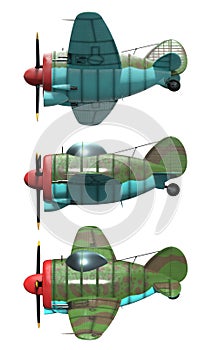 Oldschool fighter aircraft. Cartoon style. Side view.