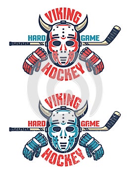 Oldschool hockey emblem - retro goalie mask with horns, stick, gloves and an inscription Viking Hockey