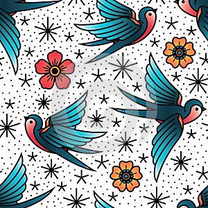 Oldschool Traditional Tattoo Vector Birds and Flowers Pattern