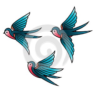 Oldschool Traditional Tattoo Vector Birds. Flying swallows