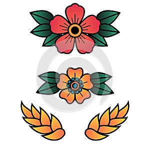 Oldschool Traditional Tattoo Vector Flowers with 5 Petals