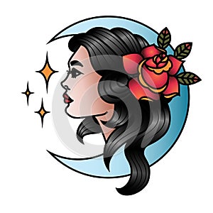 Oldschool Traditional Tattoo Vector Girl with Rose and Moon