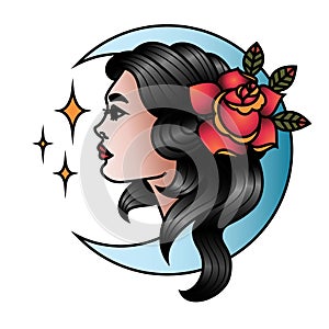 Oldschool Traditional Tattoo Vector Girl with Rose and Moon photo