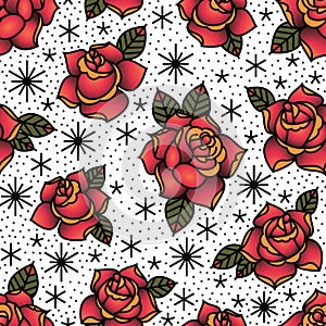 Oldschool Traditional Tattoo Vector Red Roses Seamless Pattern photo