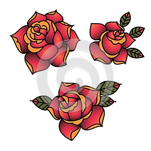 Oldschool Traditional Tattoo Vector Red Roses with leaves