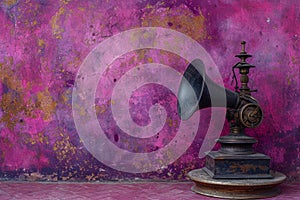 an oldworld phonograph is on a pedestal at a purple wall photo