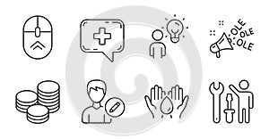 Ole chant, Tips and Medical chat icons set. Repairman, Safe water and Swipe up signs. Vector