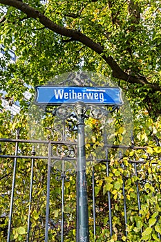 The ole vintage classic street sign on the  Weiherweg street in Basel