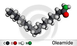 Oleamide molecule. It is fatty amide derived from oleic acid. Molecular model. 3D rendering