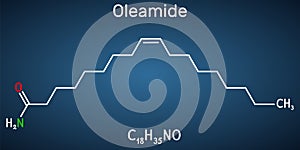 Oleamide molecule. It is fatty amide derived from oleic acid. Structural chemical on the dark blue background photo