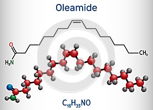 Oleamide molecule. It is fatty amide derived from oleic acid. Structural chemical formula and molecule model photo