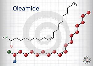 Oleamide molecule. It is fatty amide derived from oleic acid. Structural chemical formula and molecule model. Sheet of paper in a