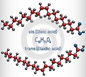 Oleic acid cis and elaidic acid trans , omega-9 fatty acids are geometric isomers. Molecule model