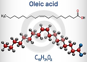 Oleic acid cis, omega-9 molecule. Structural chemical formula and molecule model photo