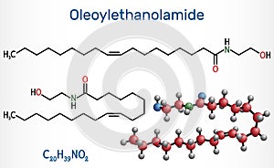 Oleoylethanolamide, oleoyl ethanolamide, OEA molecule. It is ethanolamide of oleic acid, monounsaturated analogue of